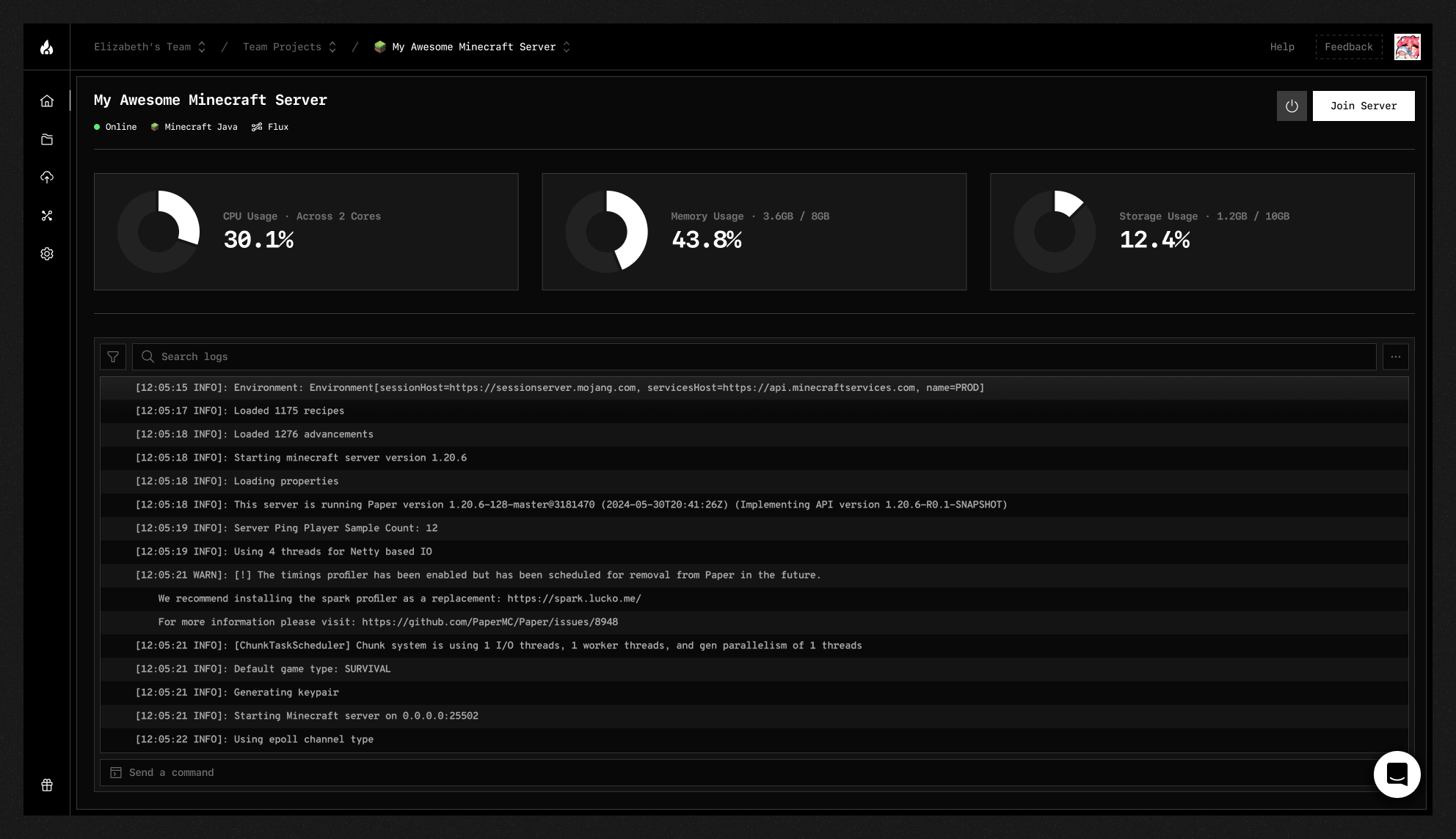 Pre-release screenshot of a server interface